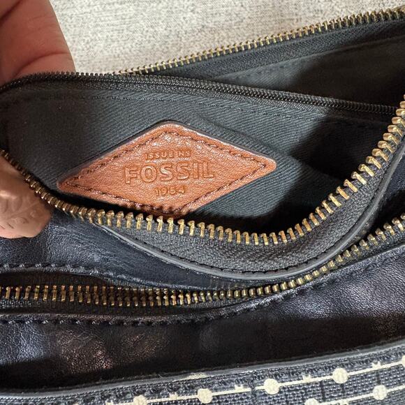 Fossil Crossbody Adjustable Strap Black Medium White Multi Top Zip - Picture 3 of 10